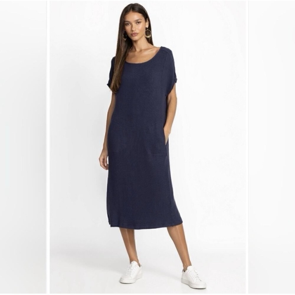 Johnny Was Calme Navy Hachi Cozy V‎ Back Dress Cap Sleeve Lagenlook Soft Sz M